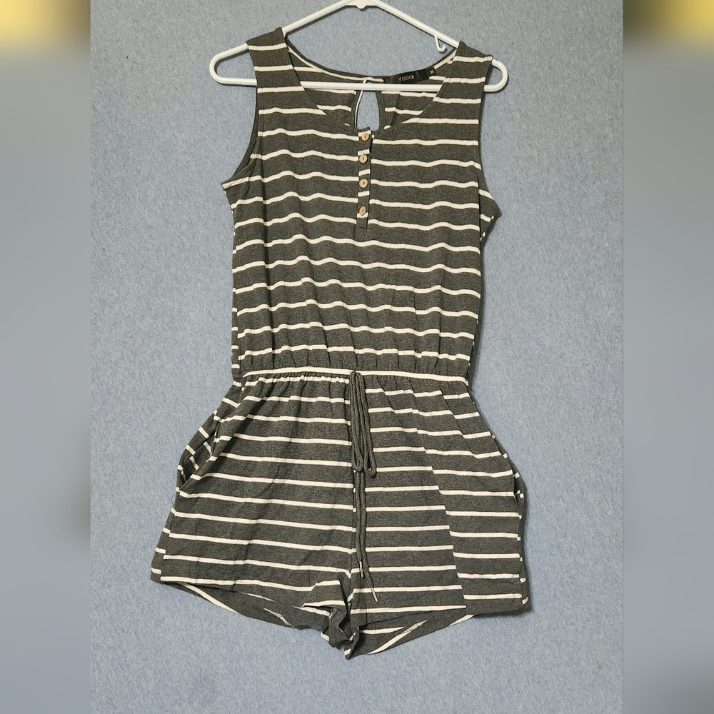 Yibock gray white striped sleeveless romper. Size medium